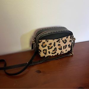 Coach leopard print leather block rivet camera bag